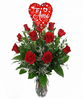 Florero de 12 rosas rojo + globo